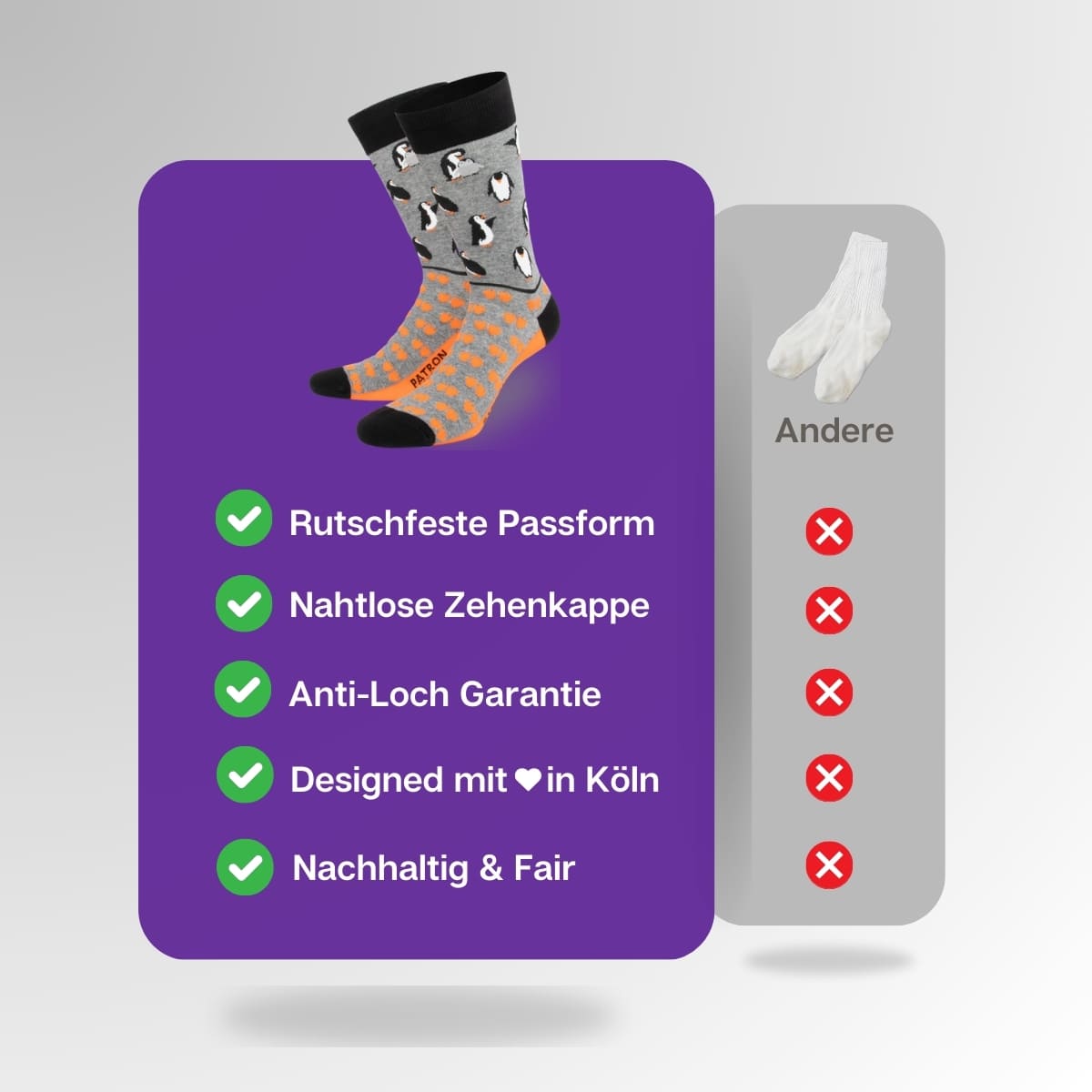 Vergleich der grauen Pinguin Socken von PATRON SOCKS mit Socken anderer Marken
