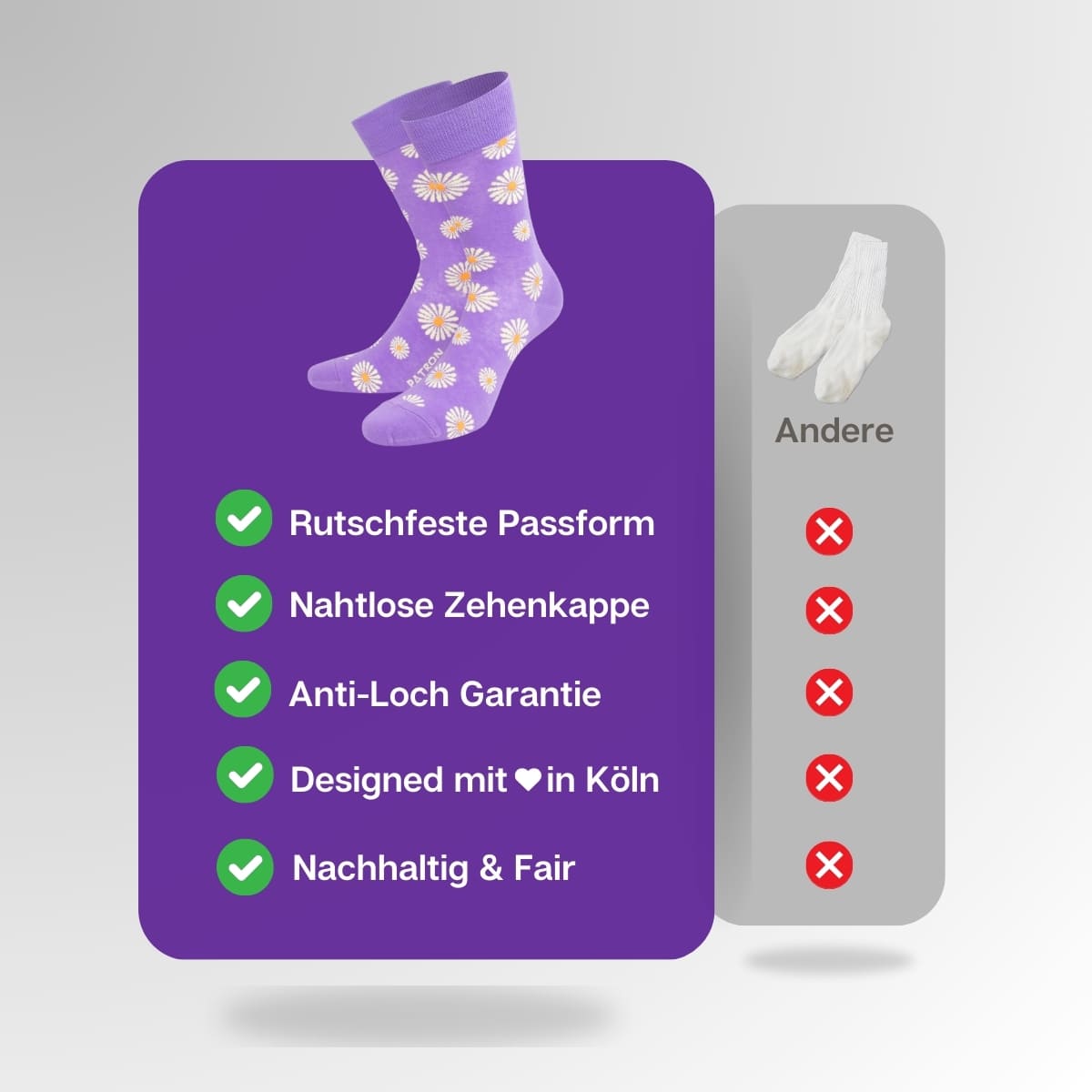 Vergleich der lila Blumen Socken von PATRON SOCKS mit Socken anderer Marken
