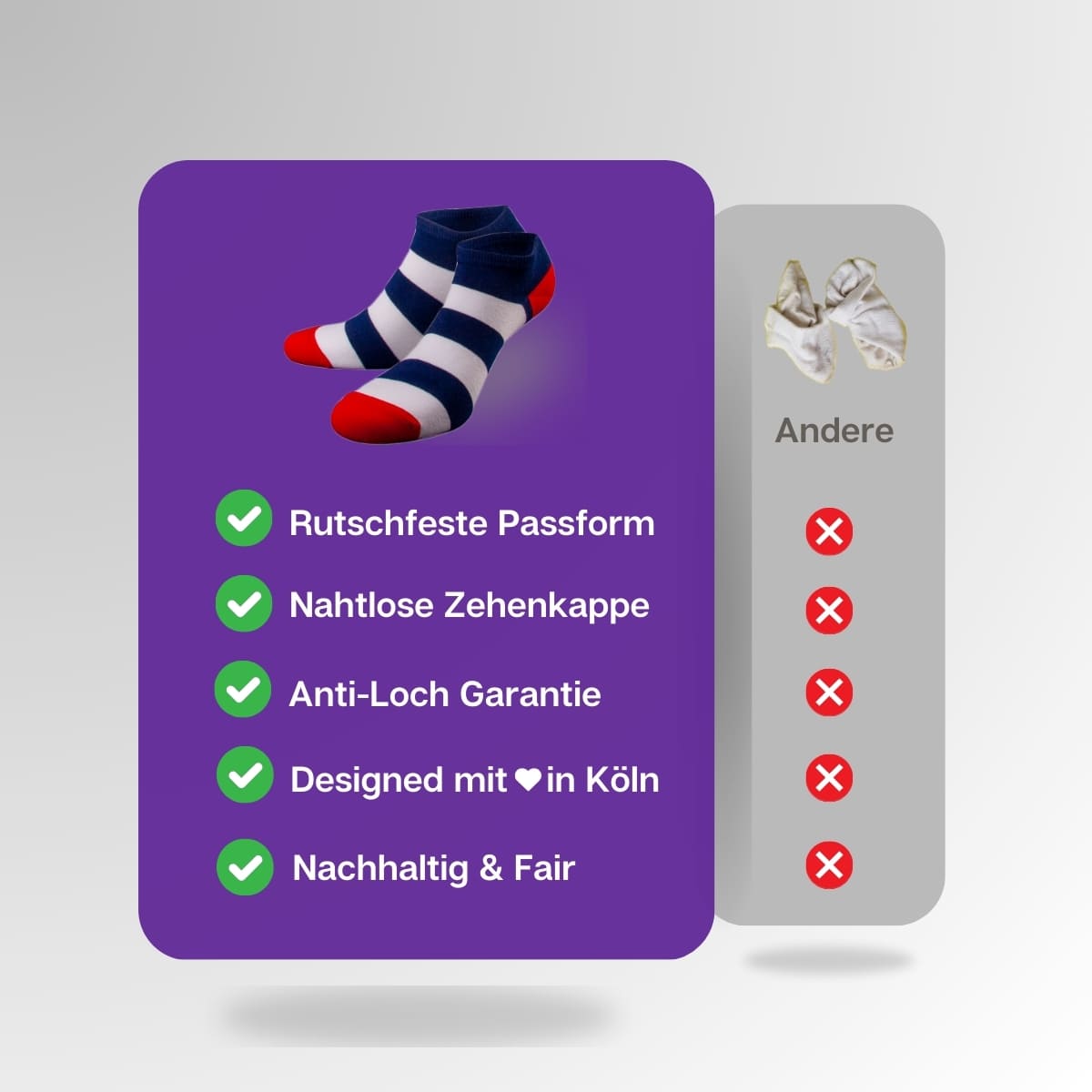 Vergleich der blau weiß gestreiften Sneaker Socken von PATRON SOCKS mit Sneaker Socken anderer Marken
