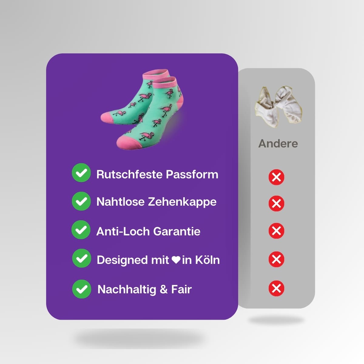 Vergleich der grünen Flamingo
Sneaker Socken von PATRON SOCKS mit Sneaker Socken anderer Marken
