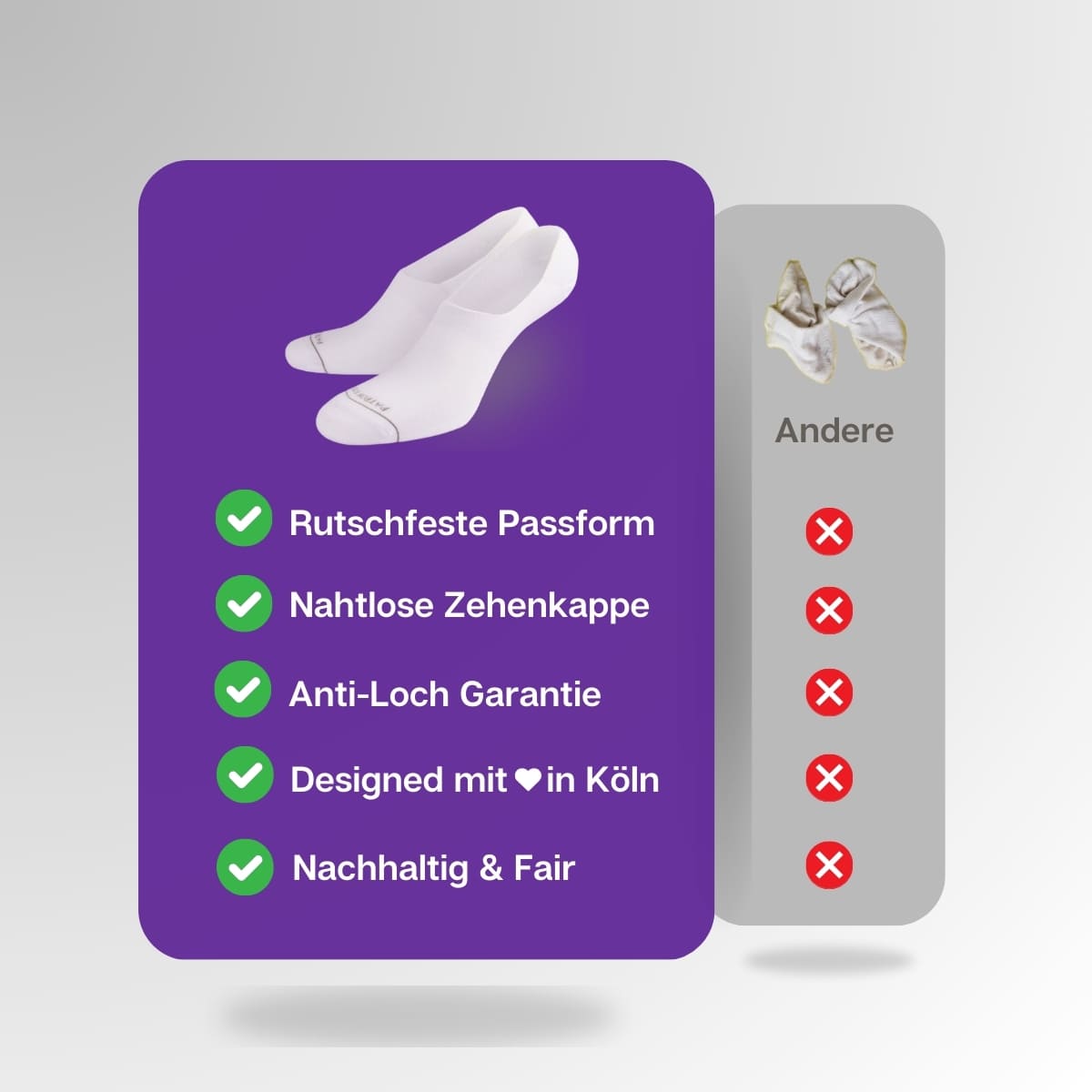 Vergleich der weißen Füßlinge von PATRON SOCKS mit Füßlingen anderer Marken
