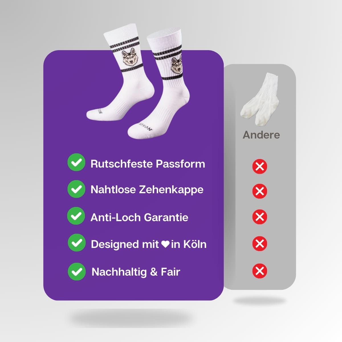 Vergleich der weißen Huskysocken von PATRON SOCKS mit Sportsocken anderer Marken
