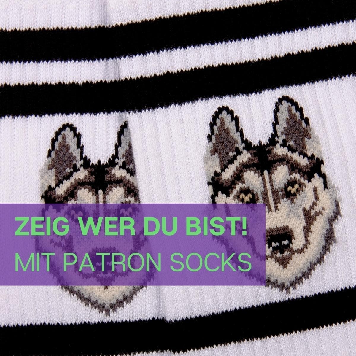 Nahaufnahme des modernen Designs weißen Tennissocken mit Husky Motiv von PATRON SOCKS