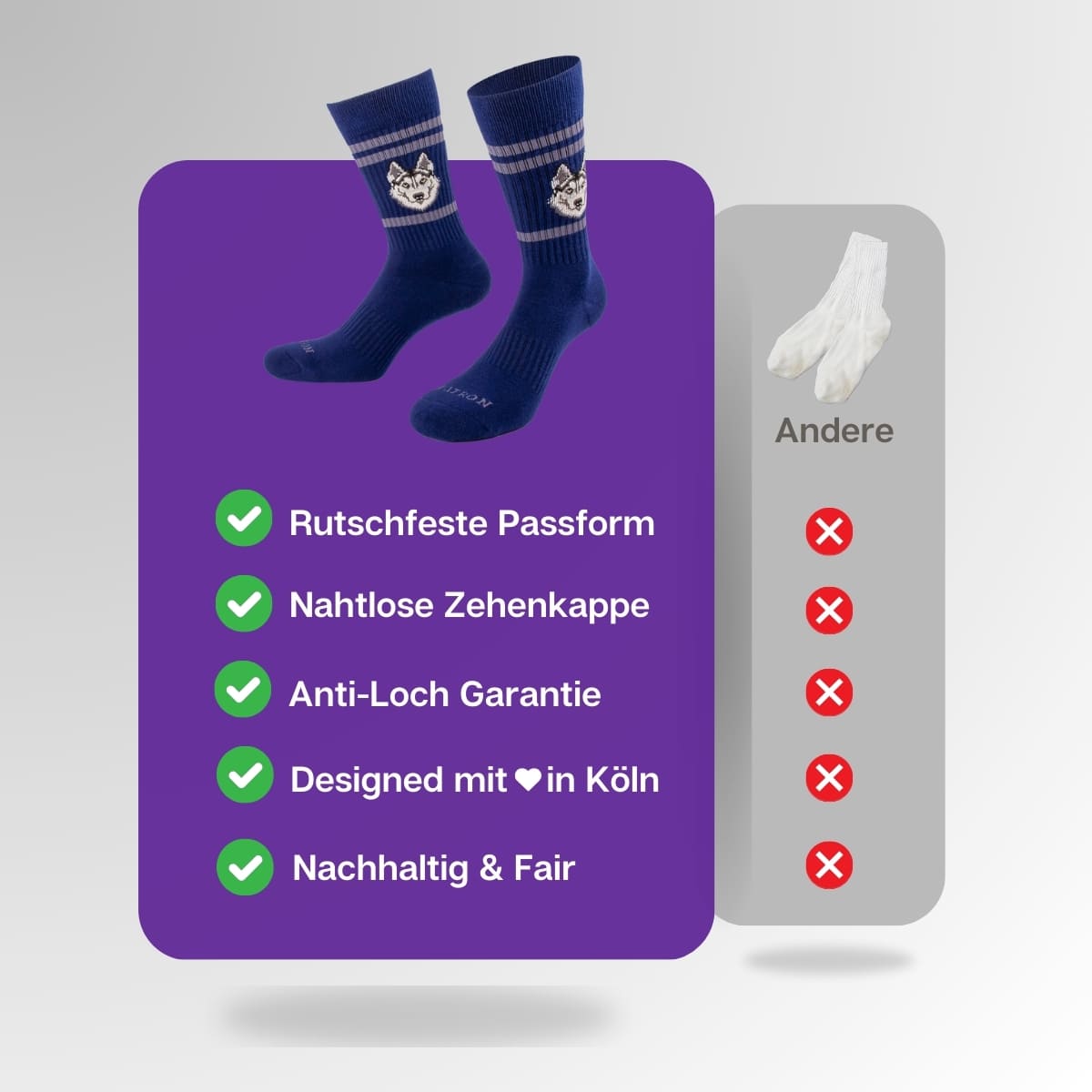 Vergleich der blauen Huskysocken von PATRON SOCKS mit Sportsocken anderer Marken
