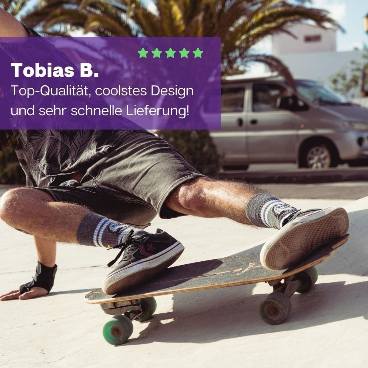 Junge auf Skateboard mit komfortablen grauen Falken Tennissocken von PATRON SOCKS
