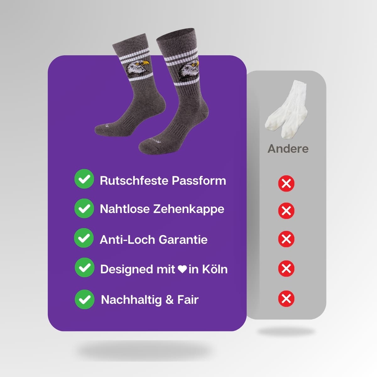 Vergleich der grauen Falkensocken von PATRON SOCKS mit Sportsocken anderer Marken
