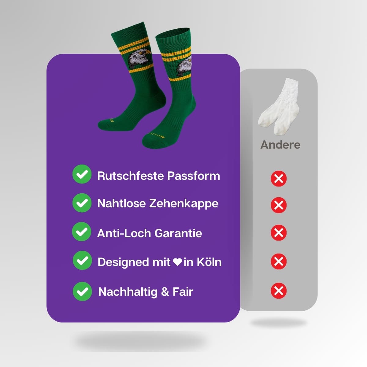 Vergleich der grünen Falkensocken von PATRON SOCKS mit Sportsocken anderer Marken
