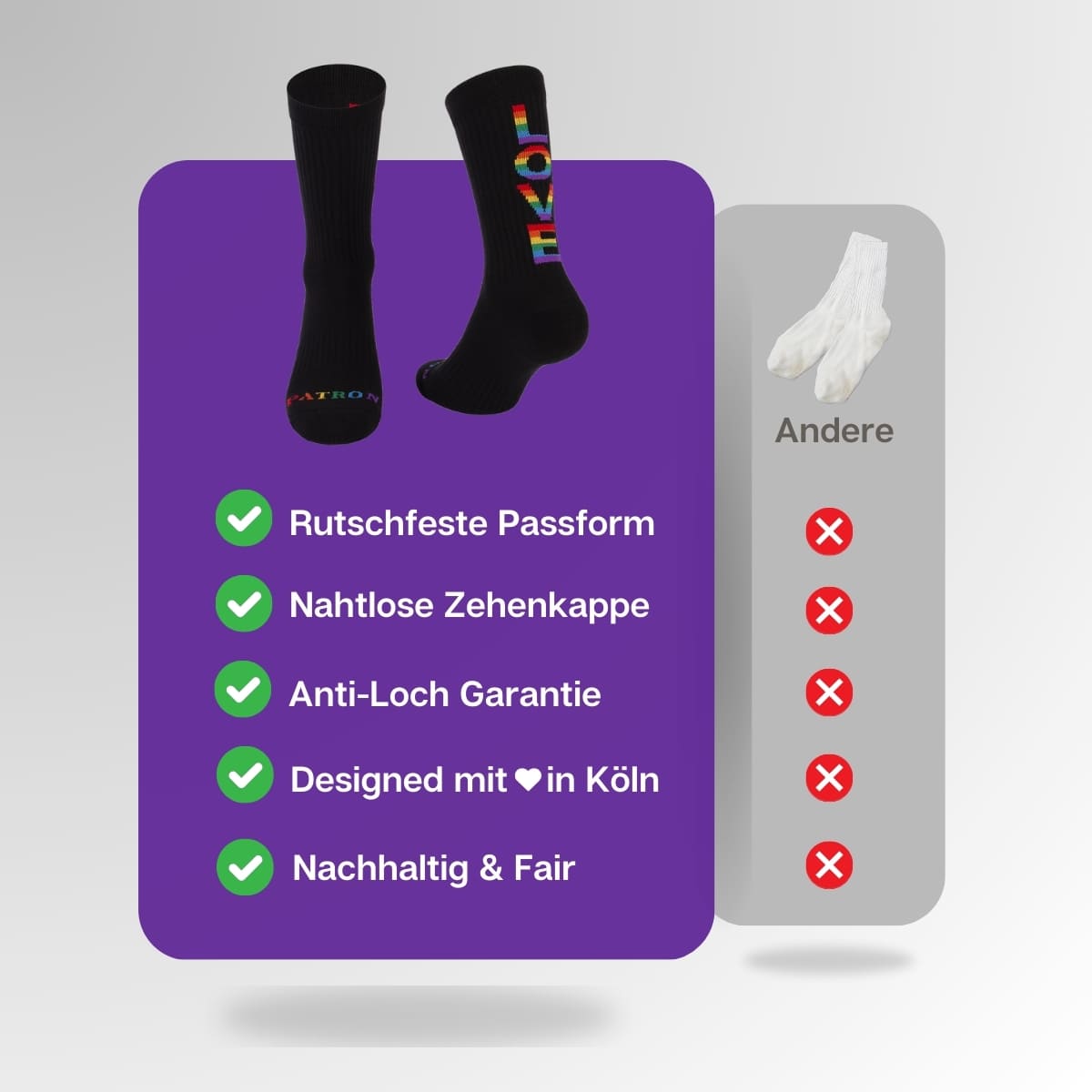 Vergleich der schwarzen Pride Socken von PATRON SOCKS mit Sportsocken anderer Marken
