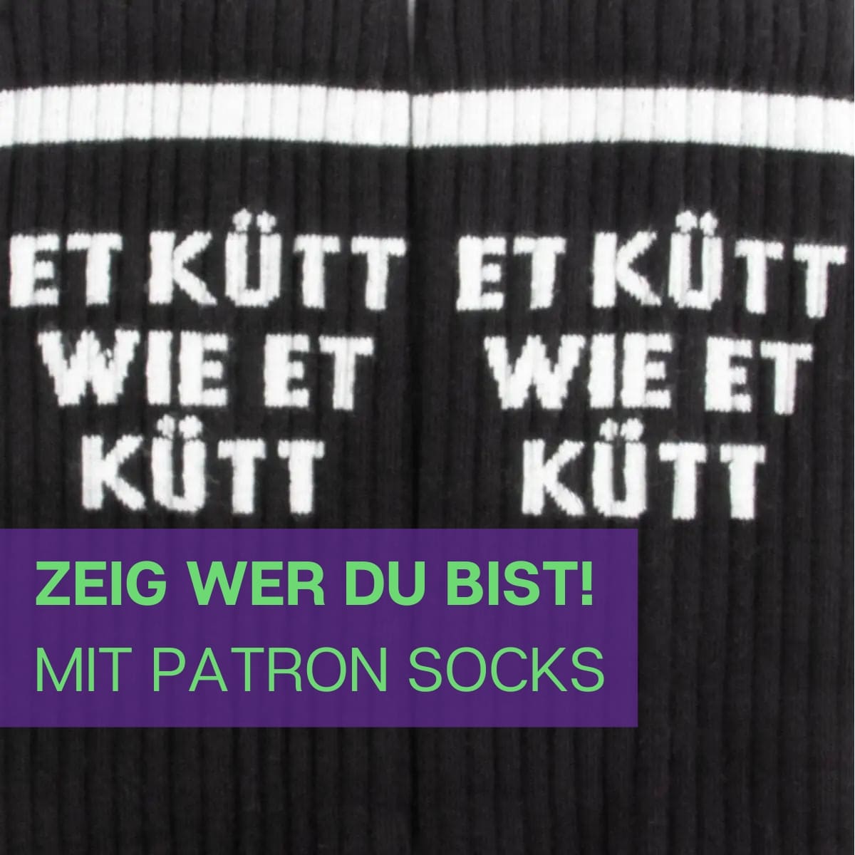 Nahaufnahme des schwarzen Designs mit weißem Et Kütt Schriftzug von PATRON SOCKS
