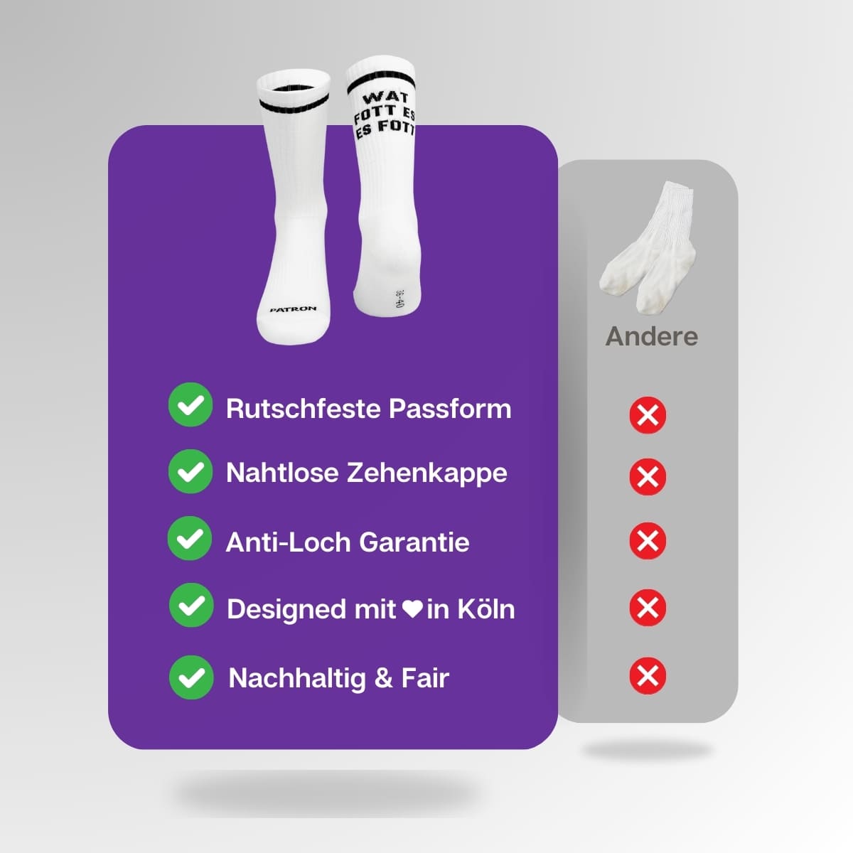 Vergleich der weißen Watt fott Socken von PATRON SOCKS mit Sportsocken anderer Marken
