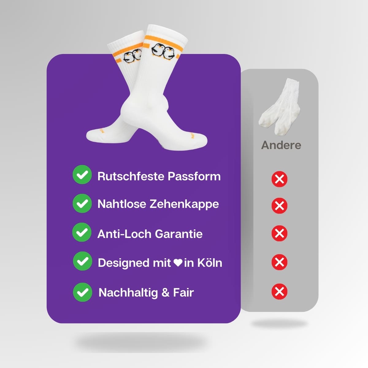 Vergleich der weißen Pinguin Socken von PATRON SOCKS mit Sportsocken anderer Marken
