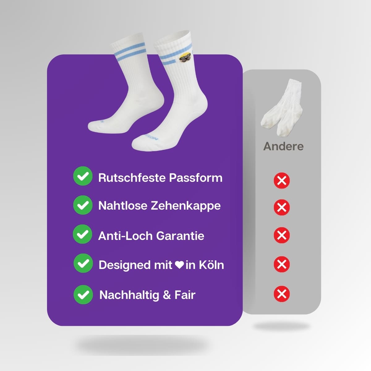 Vergleich der weißen Robbenkopf Socken von PATRON SOCKS mit Sportsocken anderer Marken
