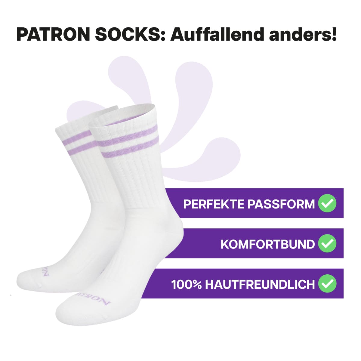 Hautfreundliche, weiße Sportsocken mit lavendel Streifen und Komfortbund von PATRON SOCKS
