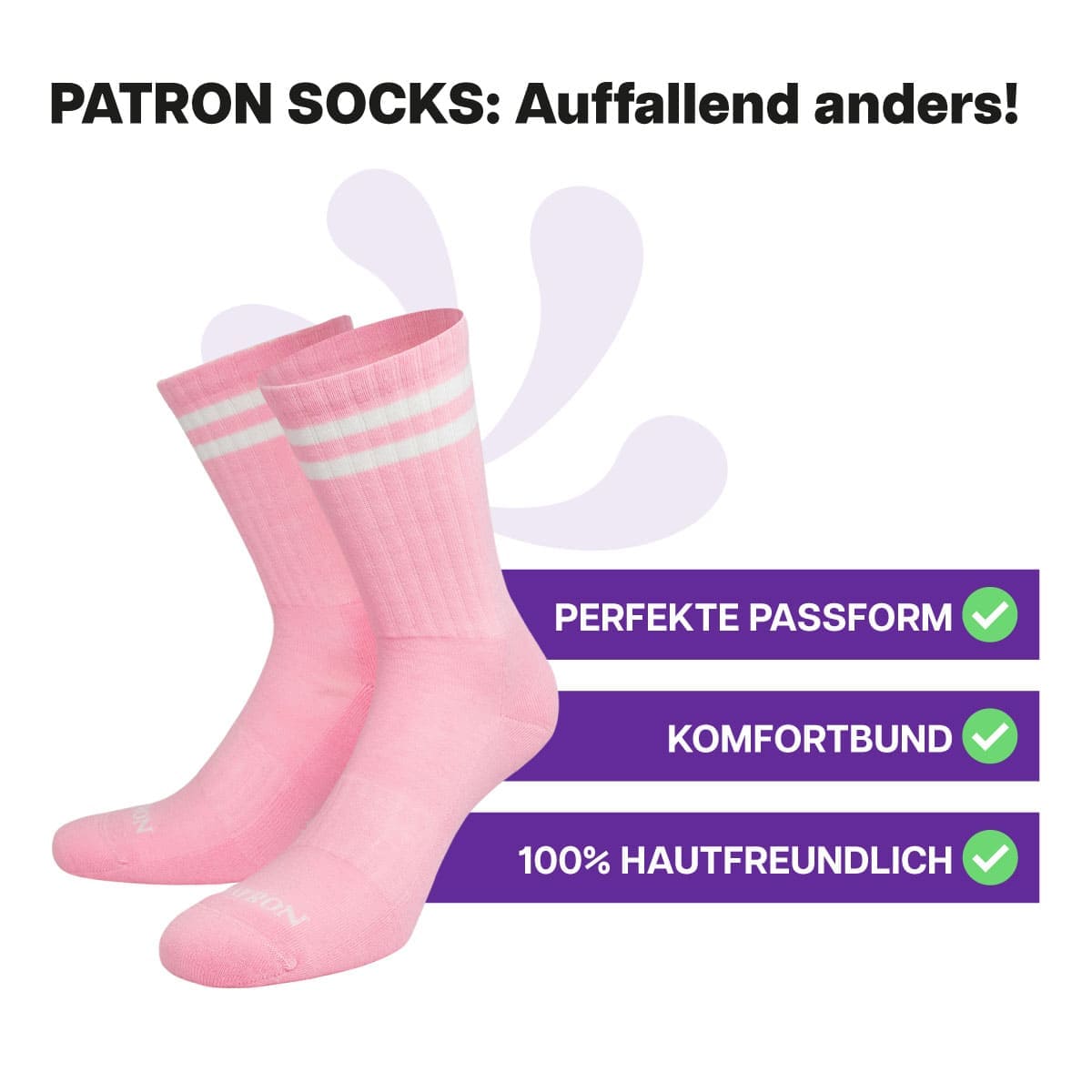 Hautfreundliche, rosa Sportsocken mit weißen Streifen und Komfortbund von PATRON SOCKS