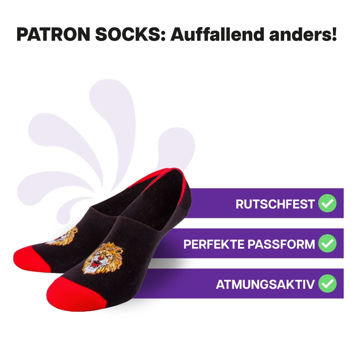 Lustige schwarze Füßlinge mit Löwen Motiv von PATRON SOCKS. Perfekte Passform!